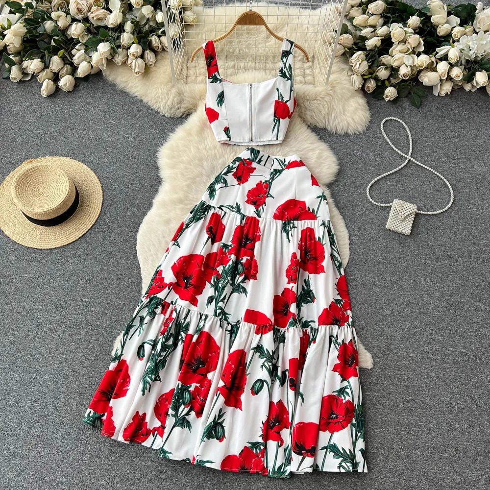 Runway Summer Maxi Skirt Top Suit Two Pieces Womens Outfits Fashion Floral Print Spaghetti Strap Holiday Beach Dress Set M530