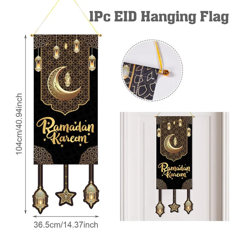 Ushinemi 2 in 1 Ramadan Mubarak Banner Eid Decorations, Glitter Ramadan Decorations for Home, Eid Banner with Moon Lantern Sign for Wall Decor