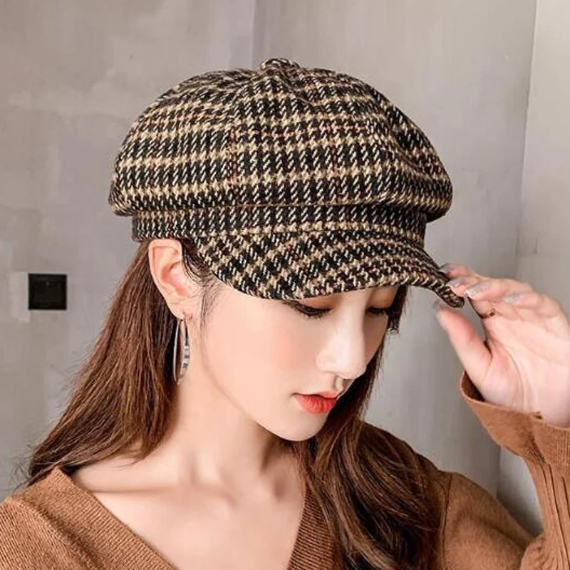 Autumn Winter Women's Wool Hat Beret Plain Octagonal Newsboy Cap