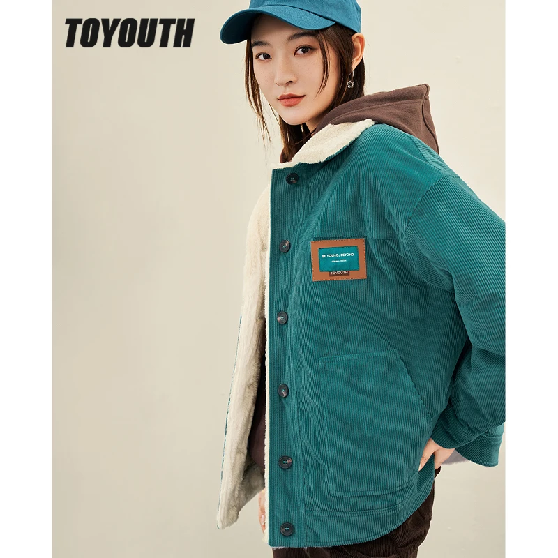 

Toyouth Women Corduroy Fleece Coat 2022 Winter Long Sleeve Polo Neck Loose Jacket Vintage Green Streetwear Warm Casual Outwear