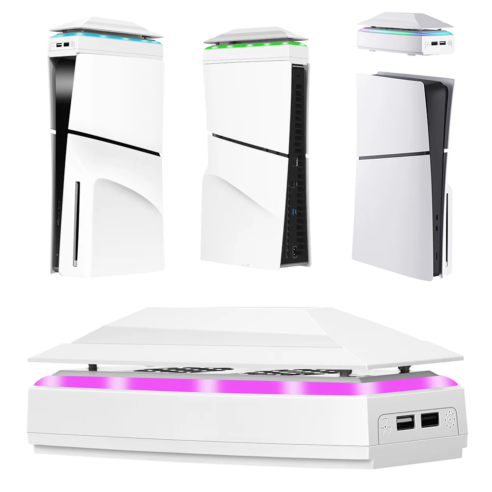Top Cooling System with Dust Cover Colorful LED Light 2 USB Port Upper RGB Cooling Fan 3 Speed for PS5 Slim Console Disc/Digital