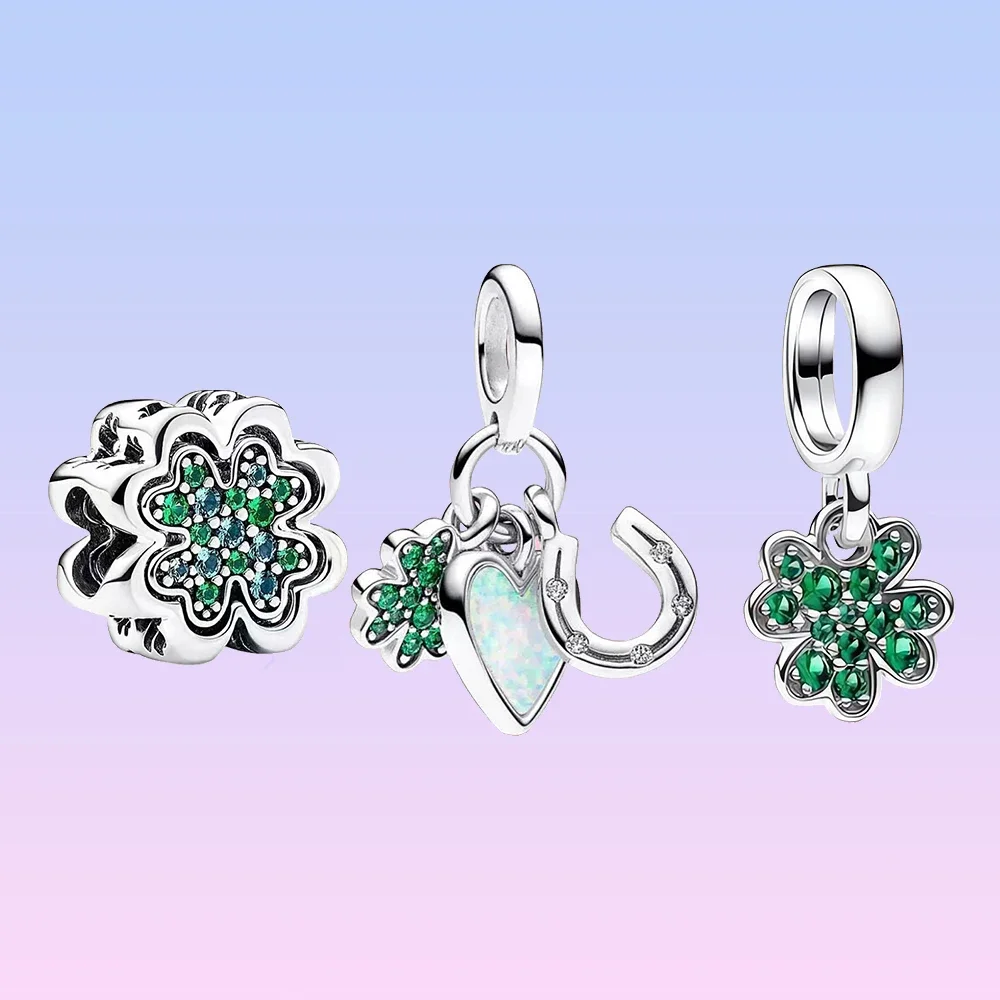

2023 New 925 Silver Pandora Four Leaf Clover, Heart and Horseshoe Triple Charm Pendants fit Original Bracelet DIY for Women Gift