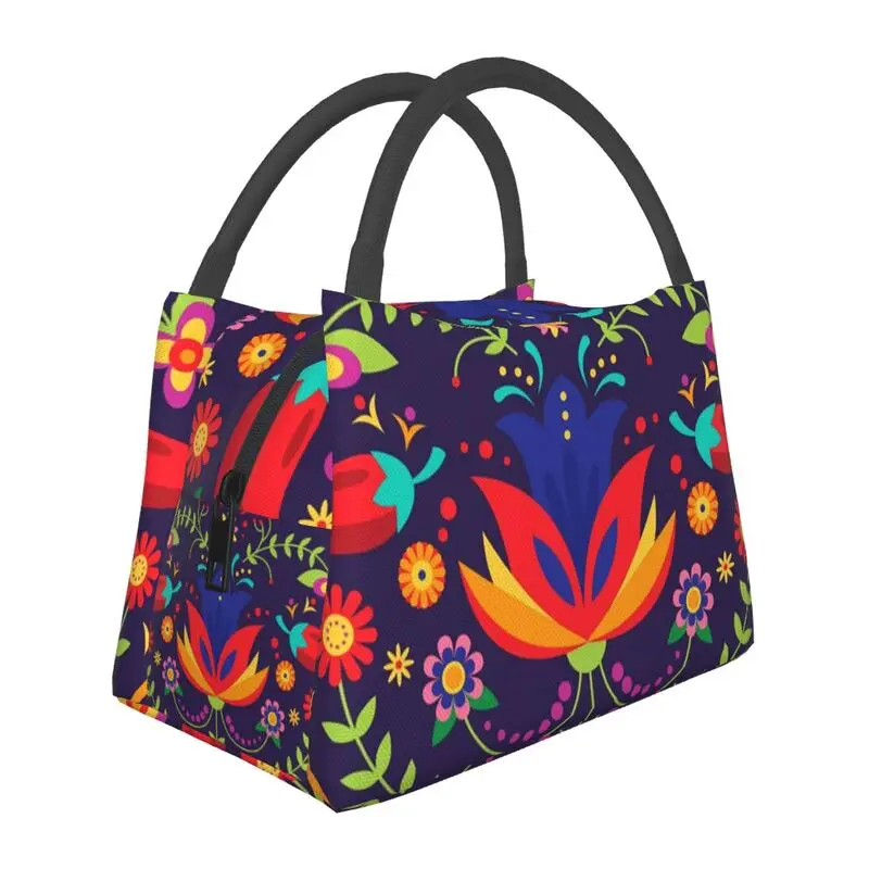 

Mexican Floral Flowers Insulated Lunch Tote Bag for Women Mexico Resuable Cooler Thermal Bento Box Work Travel