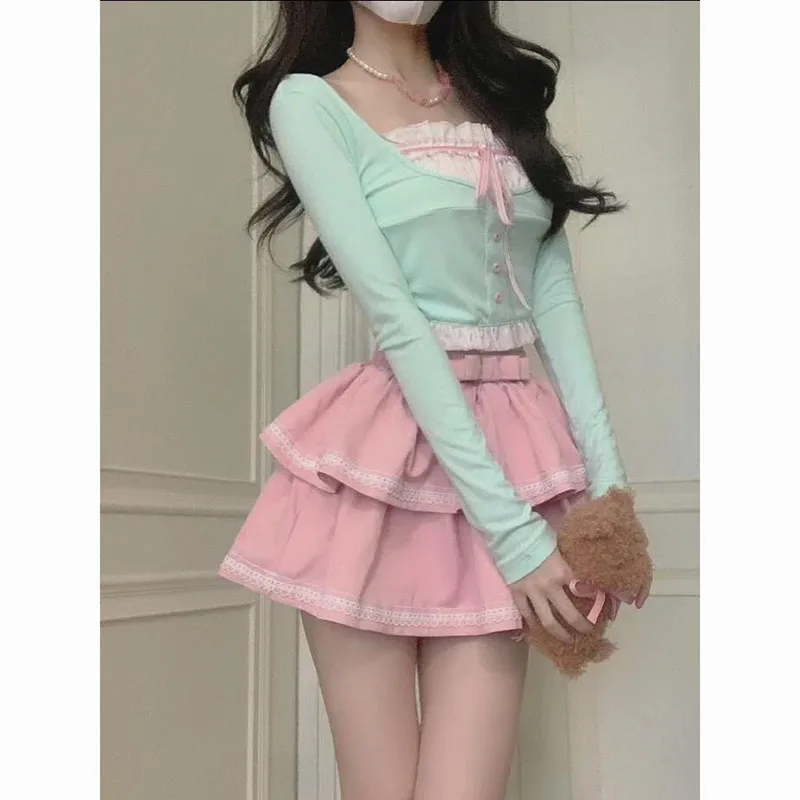 Sweet Lolita Style Skirt 2-Piece Set For Women 2000 Short Knitted High Waist Pink Mini Cake Skirt Retro Clothing Japanese Suit