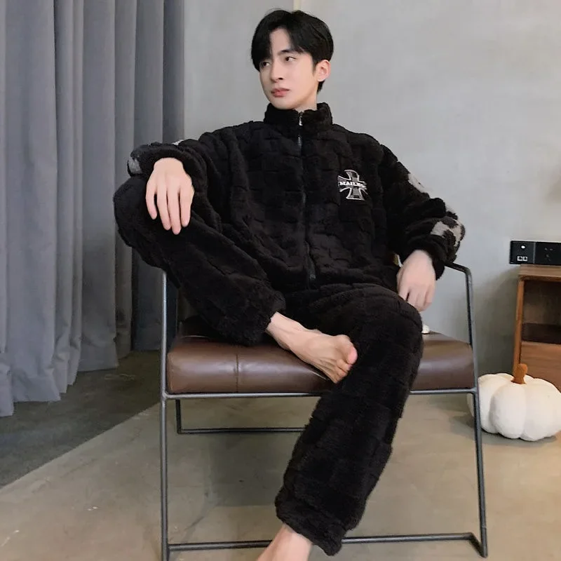 2024 New Pajamas Men's Coral Velvet Autumn Winter Loungewear Plush Thick Warm Sleepwear Youth Zipper Stand Collar Homewear