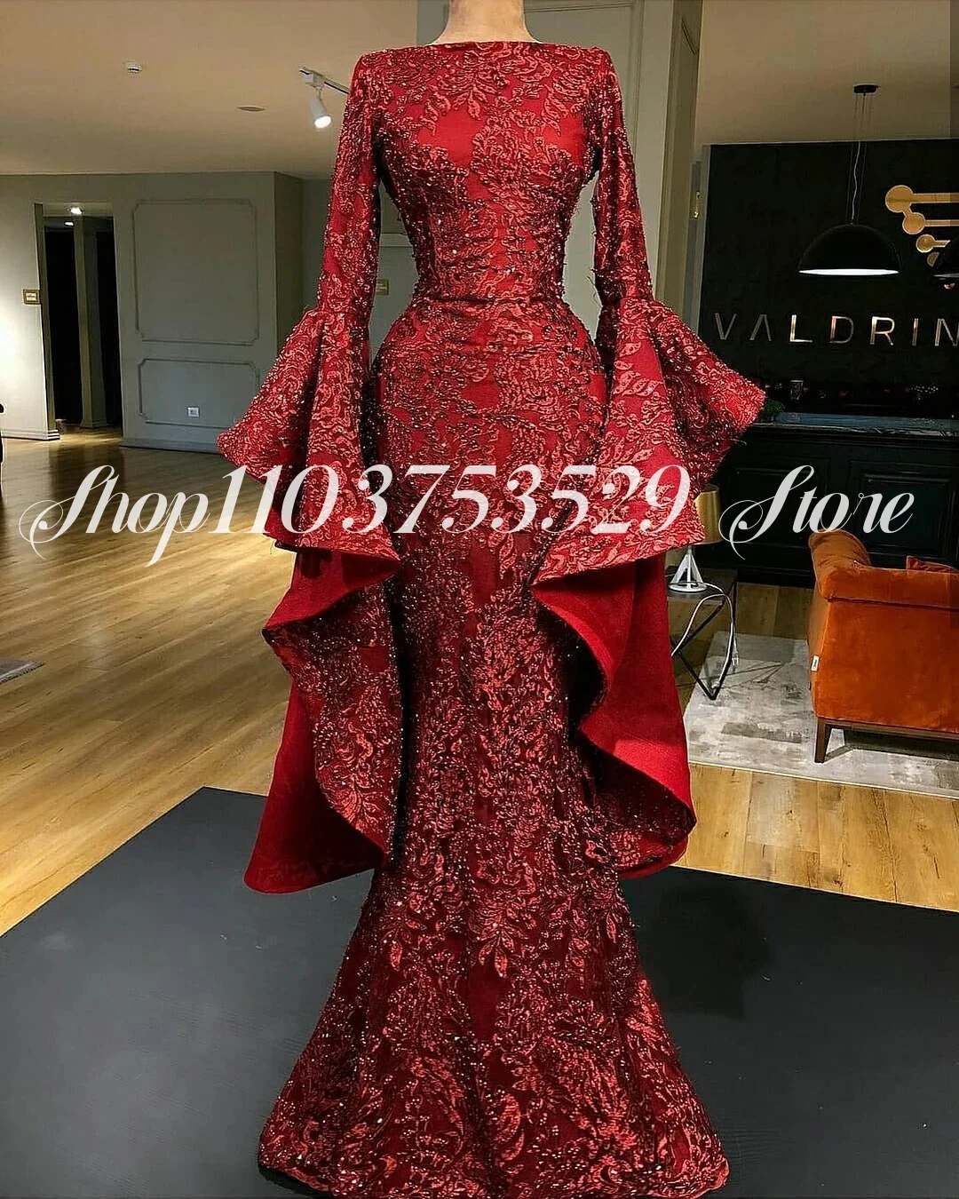 Burgundy Dubai Evening Gowns Elegant Fairy Long Sleeve Mermaid Crystal  Appliqued Flower and Floor Length Dresses Customized - AliExpress