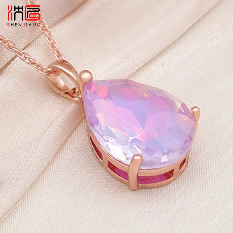 

SHENJIANG New Fashion Elegant 585 Rose Gold Color Water Drop Crystal Pendant Necklace For Women Wedding Jewelry Gift