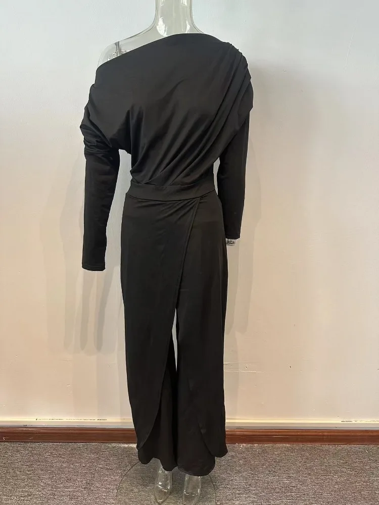 Elegant Jumpsuits for Women Spring New Plain Elegant Office Lady Loose Ruched Cold Shoulder Split Hem Wide Leg Jumpsuit OFE04