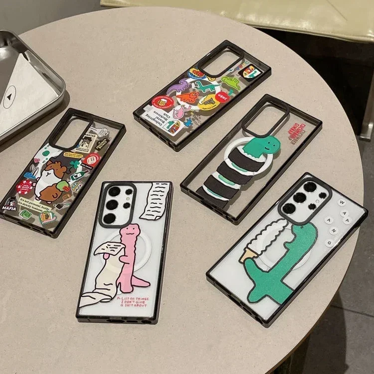 Cute Cartoon Dinosaur MagSafe Acrylic Black Border Case for Samsung Galaxy S24 U S23 U S22 Ultra S24 Plus Cover Shell