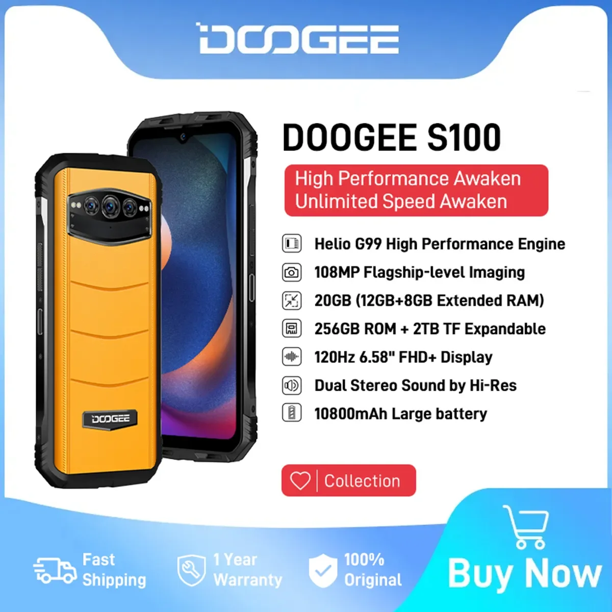 

DOOGEE S100 Rugged 6.58" FHD Display 12GB 256GB Helio G99 6nm 108MP AI Triple Camera 10800mAh Battery 66W Fast Charge Android 12