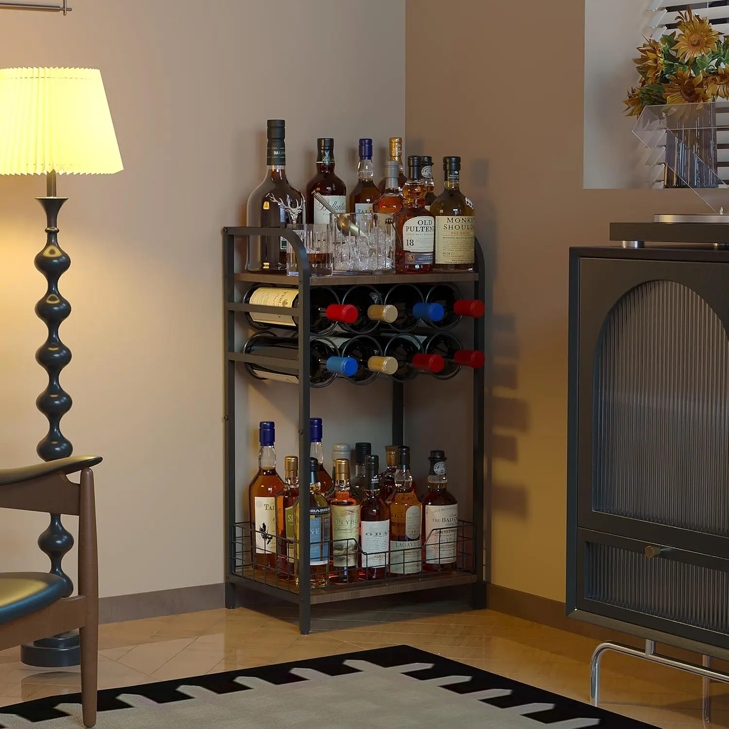 3-Tier Wine Bar Table with 8-Bottle Rack, Mini Cabinet for Whiskey Display and Home Storage