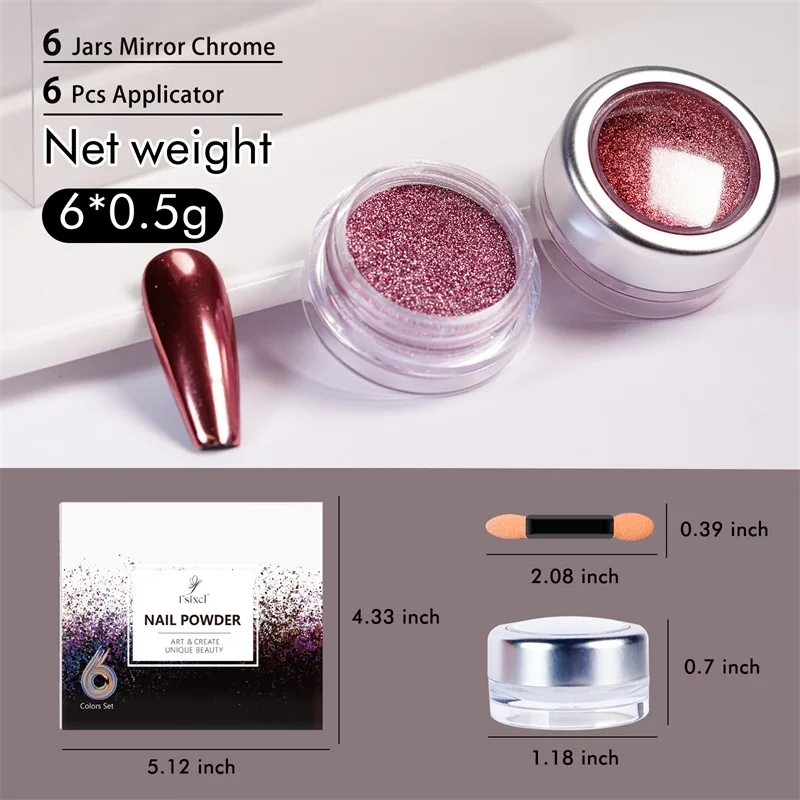 FSIXCL 크롬 네일 파우더, 메탈릭 미러 안료, 네일 아트 장식, 브론즈 로즈 골드 실버, 6 색 키트, 0.5g/항아리