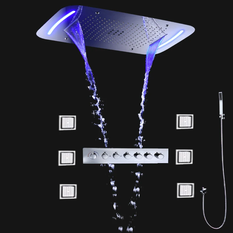 hm Large Ceiling LED Shower Kit Rainfall Waterfall Mist Showerhead Panel Thermostatic Mixer Valve Bath 6Functions Faucets Set
