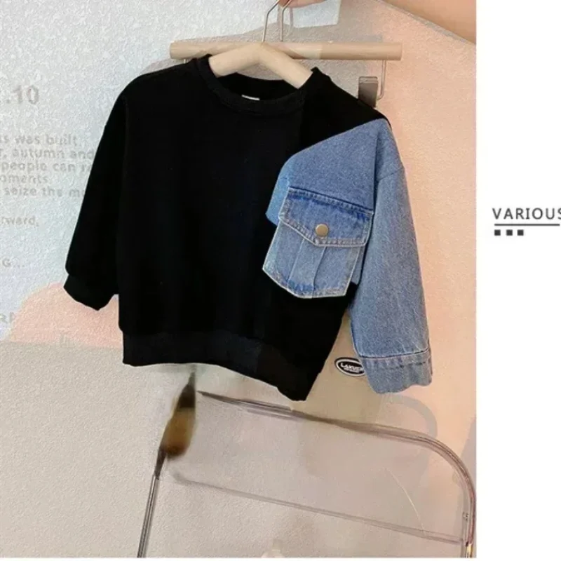 Boys Denim Sweatshirt Kids Stitching Sleeved Loose Sweater 2024