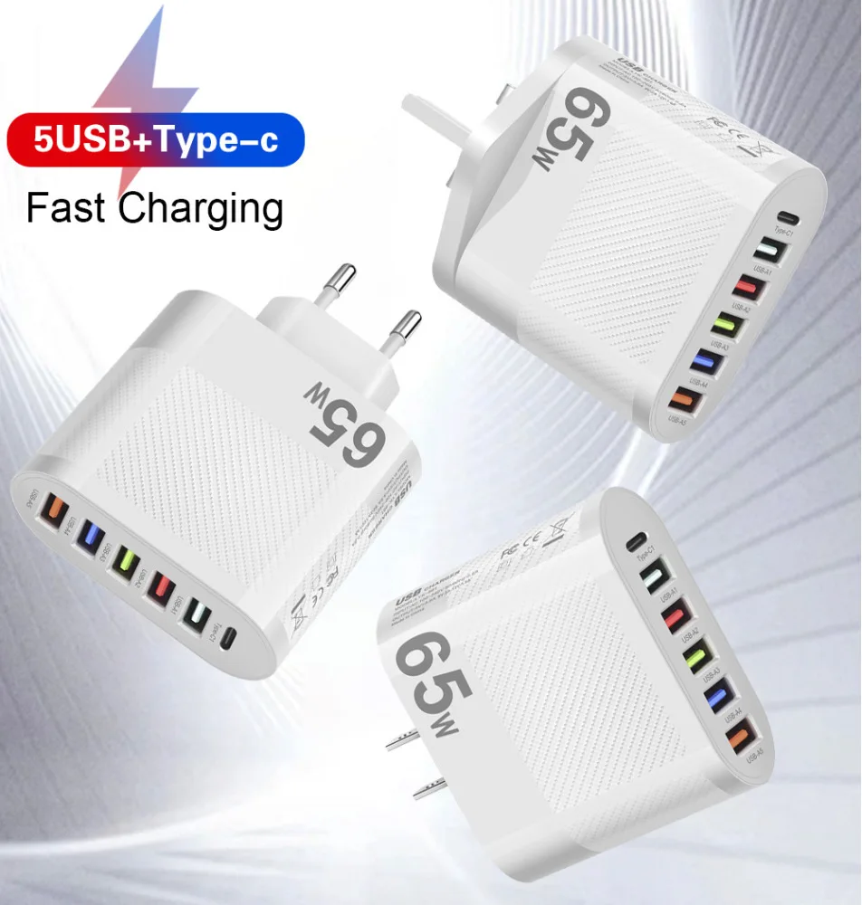 Charger Adapter Battery Charger Power Supply Adapter Fast Charger Battery Charger Adapter 65W USB Wall Charger Block PD QC 3.0 Fast Charging Block Plug 5 USB A Ports 1 Type C Adapter For Laptops Phones Tablet PC