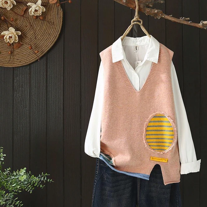 

2022 Korean College style Women's Knitted Taped Vest Girls Loose V-Neck Sweater Students Leisure Comfortable Outside Wear Pink