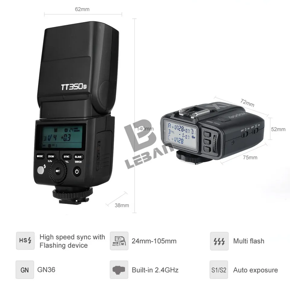 2x Godox Mini Speedlite TT350S Camera Flash TTL HSS GN36 +X1T-S