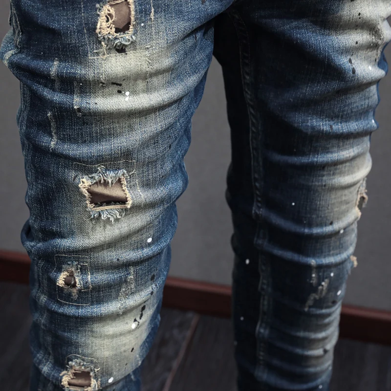 High Street Fashion Men Jeans Retro Black Blue Elastic Slim Hole Ripped Jeans Men Vintage Designer Hip Hop Denim Pants Hombre