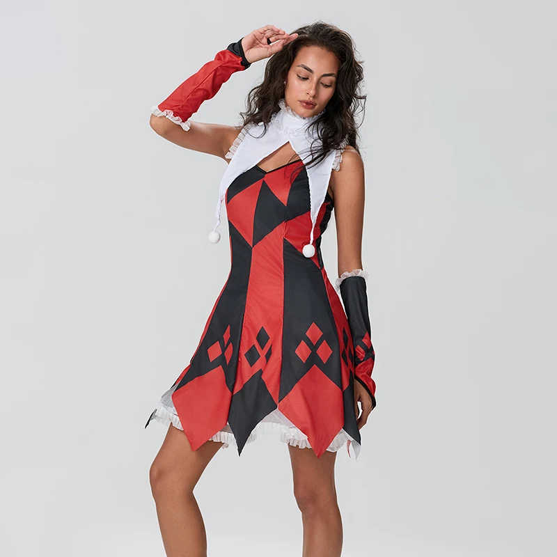 Women's Halloween Cosplay Clown Costume, Halloween Party Clown Cosplay Costume, Dress, Choker, Arm Sleeve, Tutu Skirt
