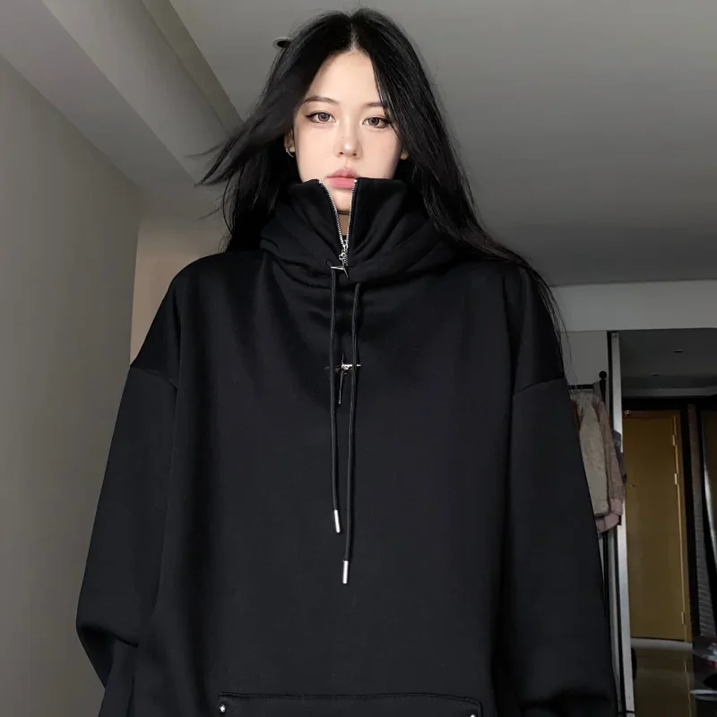 QWEEK Streetwear Black Hooded Female Sweatshirts Oversized Hoodie Women Harajuku Vintage Pullovers Korean Fashion Goth Aesthetic qweek trashy y2k grunge cargo jeans women black gothic baddies streetwear baggy denim pants autumn harajuku fashion korean style