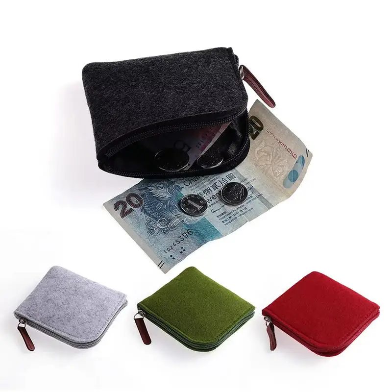 Gray Mini Felt Coin Purse Women Men Solid Color Change Bag Credit Card ID Holder Wallets Key Chain Small Bags For Unisex