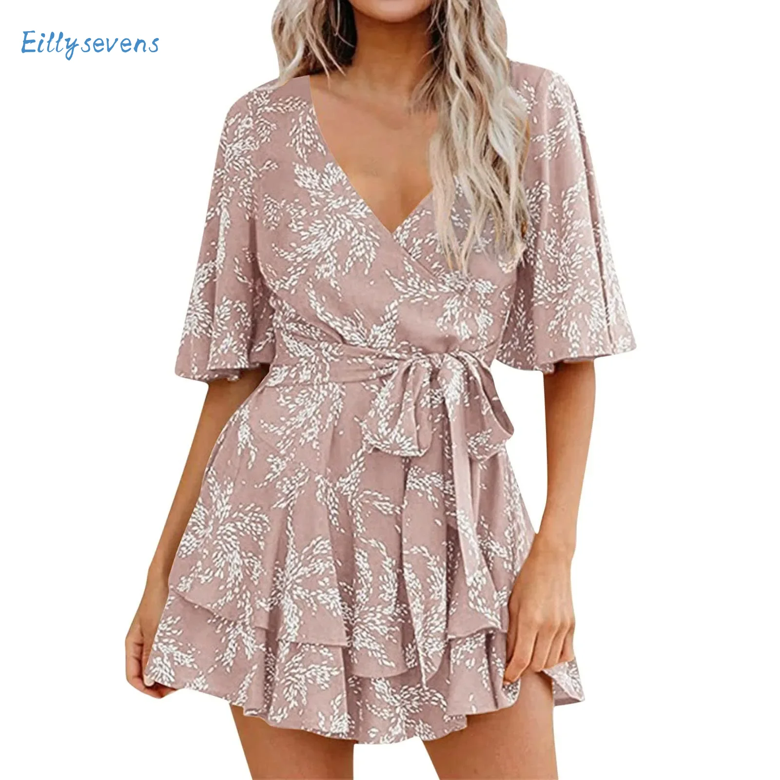 

Women'S Dress Jumpsuits Fashion Trend V Neck Waist Lace-Up Bell Sleeves Tiered Pleated Jumpsuits Fresh Floral Dress Rompers