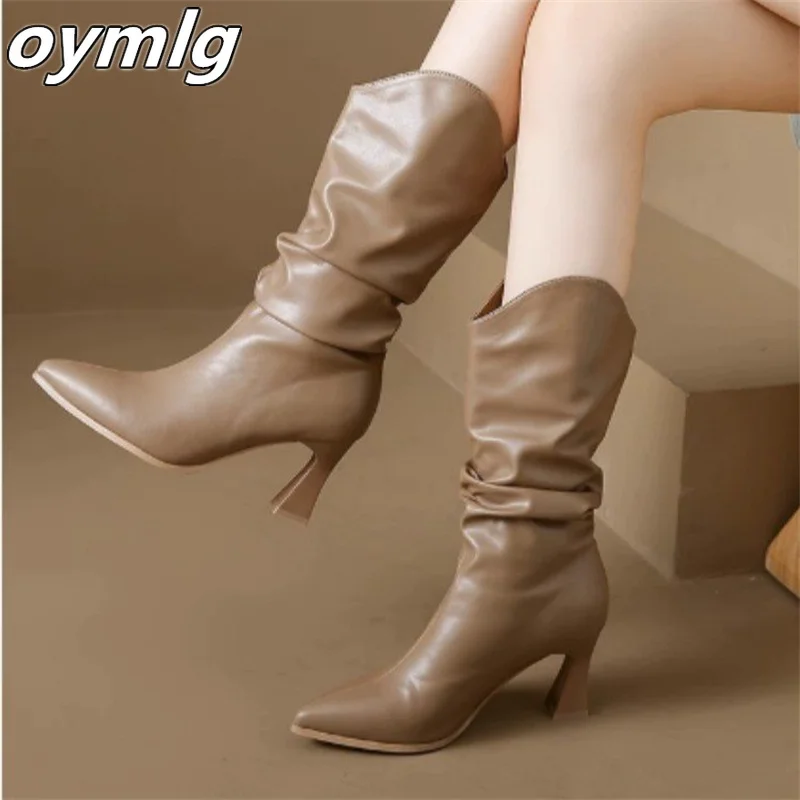 2023 Autumn Denim Design Trend New Thin Heel High Heels Solid Color Stacked Fashion Leather Boots womens boots
