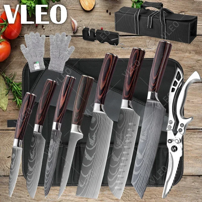 WXCOO Japanese Kitchen Knives Set Stainless Steel Forged Chef's Knife Versatile Meat Cleaver Kitchen Knife Storage Bag Set 1