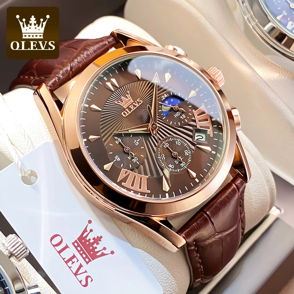 Olevs Men Watch Luxury Multifunctional Genuine Leather Strap Watch For ...