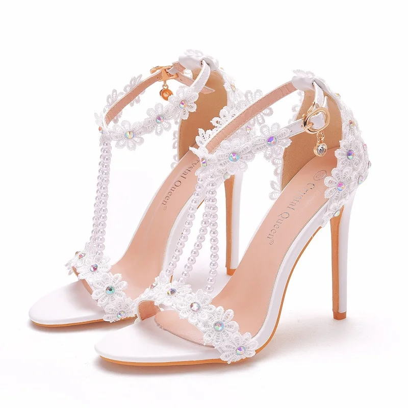 

Summer White Stiletto Open Toe Colorful Flower Beaded Bridal Wedding Shoes Banquet Dress Versatile Plus Size Women's Sandals
