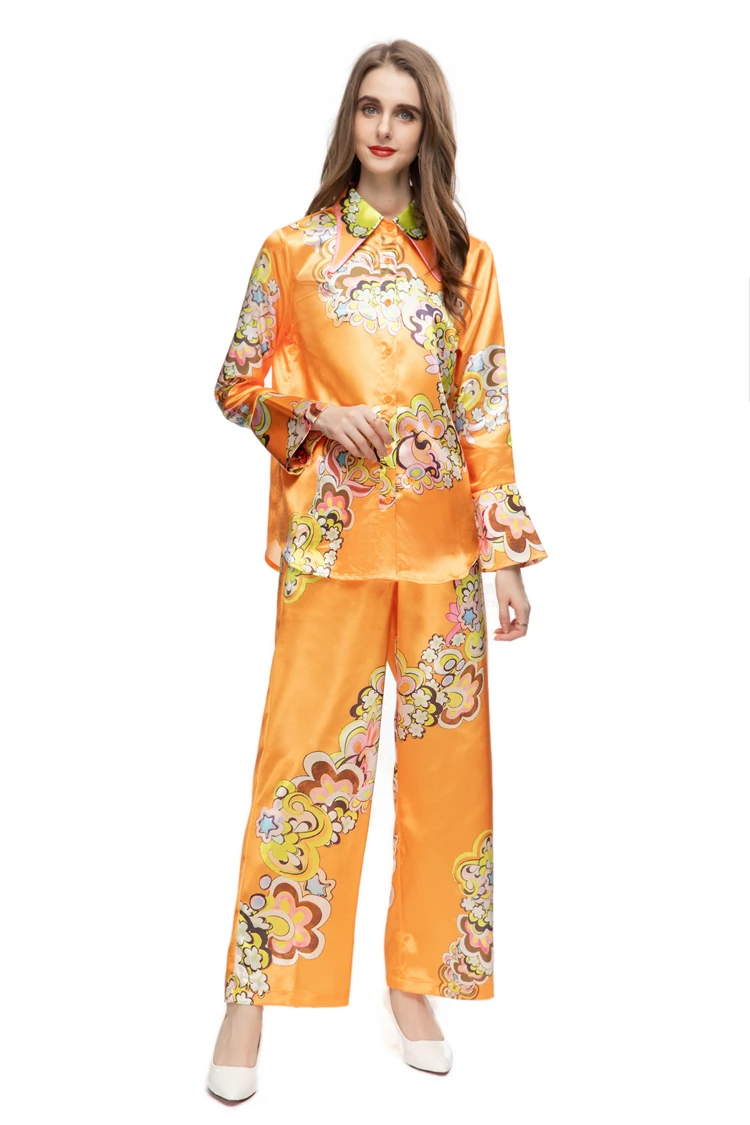 Women's Two Piece Pants Sets Turn Down Collar Long Sleeves Printed Shirt with Elastic Waist Pant Fashion Twinset Sets