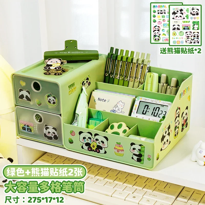 Lovely Panda Pen Holder Multi Grid Double Layer Organization Student Desktop Stationery Female Cosmetics Drawer Storage Box