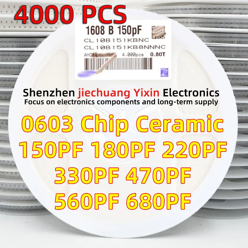 

4000 шт., керамический конденсатор с чипом 0603, 150PF, 180PF, 220PF, 330PF, 470PF, 560PF, 680PF, 50 в, 10% точность, X7R, емкость материала 1608