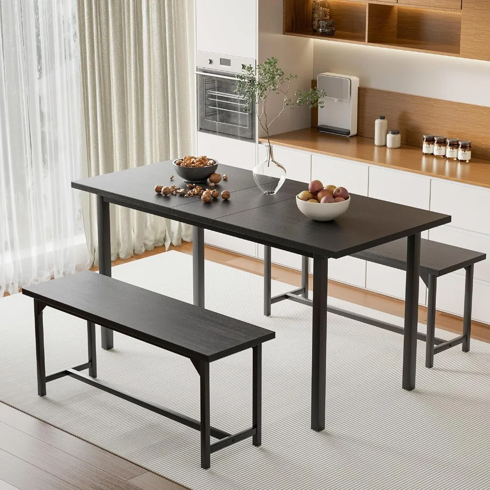 3 Pcs 63" Extendable Dining Room Table Set for 4-6 with 2 Benches, Mid Century-Modern Kitchen Tabletop, OneSize, Black