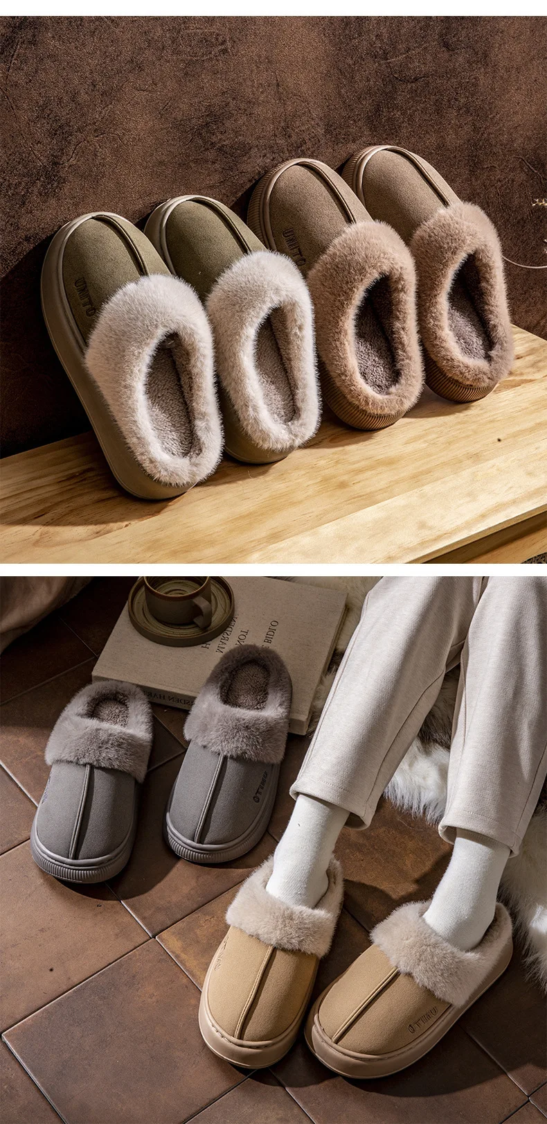 Shevalues Winter-Plüschfutter-Damenhausschuhe, rutschfeste Plattform, Baumwolle, für Zuhause, flauschig, gemütlich, warm, Outdoor-Hausschuhe für Damen – Detail 7