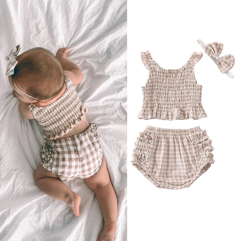 baby shirt clothing set 3pcs Summer Lovely Baby Girls Casual Clothes Sets Sleeveless Plaid Print Ruffles Vest Tops+Layered High Waist Shorts Outfits baby clothing set long sleeve	