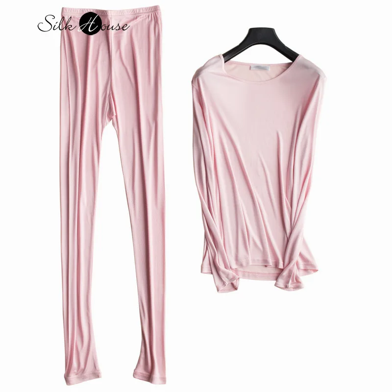 Natural Mulberry Silk Women's Silk Autumn Clothes Autumn Pants Underwear Set Silk Long Sleeve Bottoming Shirt Bottoming Pants silk suspenders tanks tops women camisole bottoming shirt lace satin mulberry silk sling short vests spring and summer 2020 new