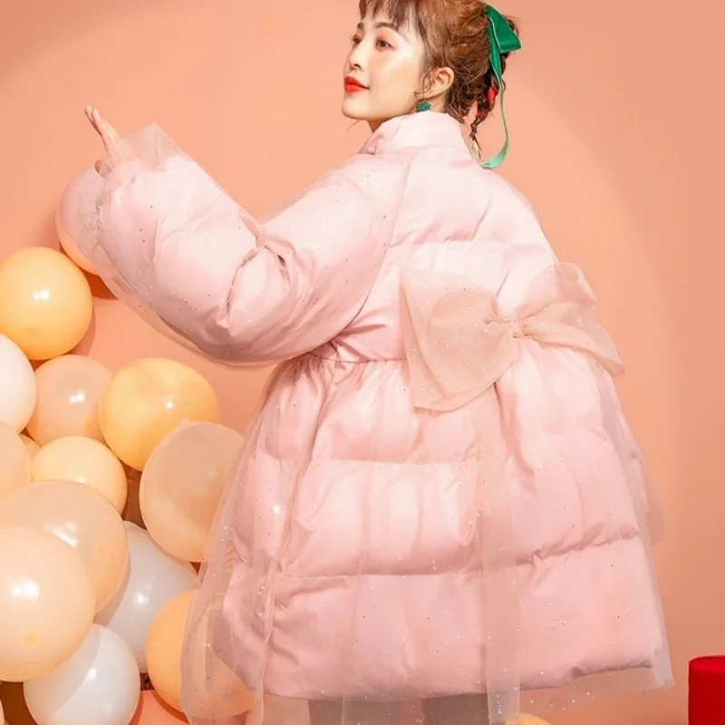

Mesh Paneled A-line Cotton Jacket Women's Cute Pink Bow Cotton Jacket Winter Coat