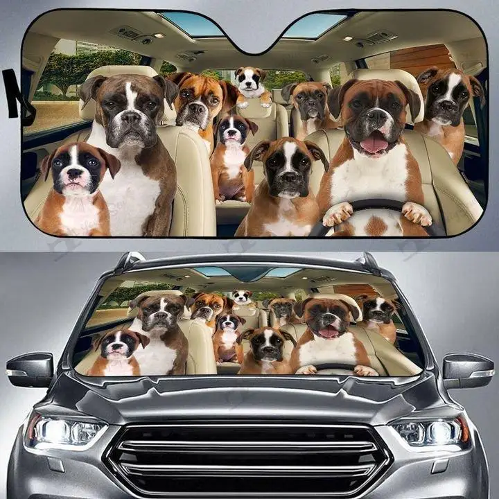 

Brindle Pattern Boxer Dog Driving Auto Windshield Sun Shade,Funny Boxer Dog Family Sun Visor Protector Sunshade for Car Truck SU