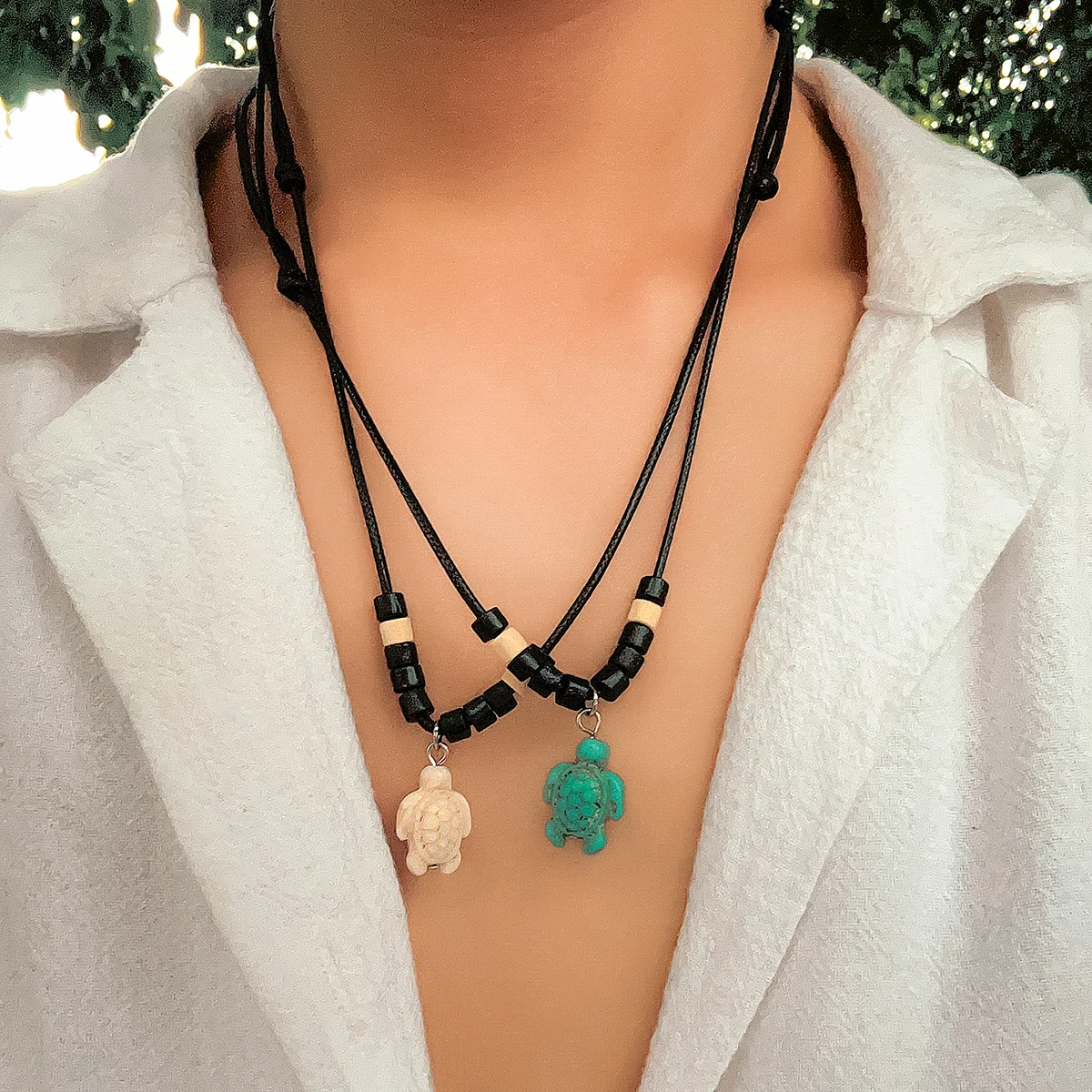 K.NOBSPIN 여성용 웨딩 고급 보석 목걸이, 925 스털링 실버 도금, 18k 화이트 골드 목걸이 8 KunJoe 남성용 빈티지 거북이 펜던트 우드 비즈 목걸이, 심플한 블랙 가죽 왁스 스레드 초커 목걸이, 파티 선물, 세트당 2 개