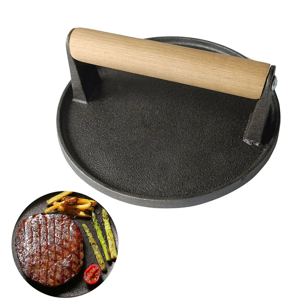Cast Iron Burger Smasher Multifunctional Meat Steak Press Ergonomic with Wood Handle for Griddle Sandwich Nonstick Pan
