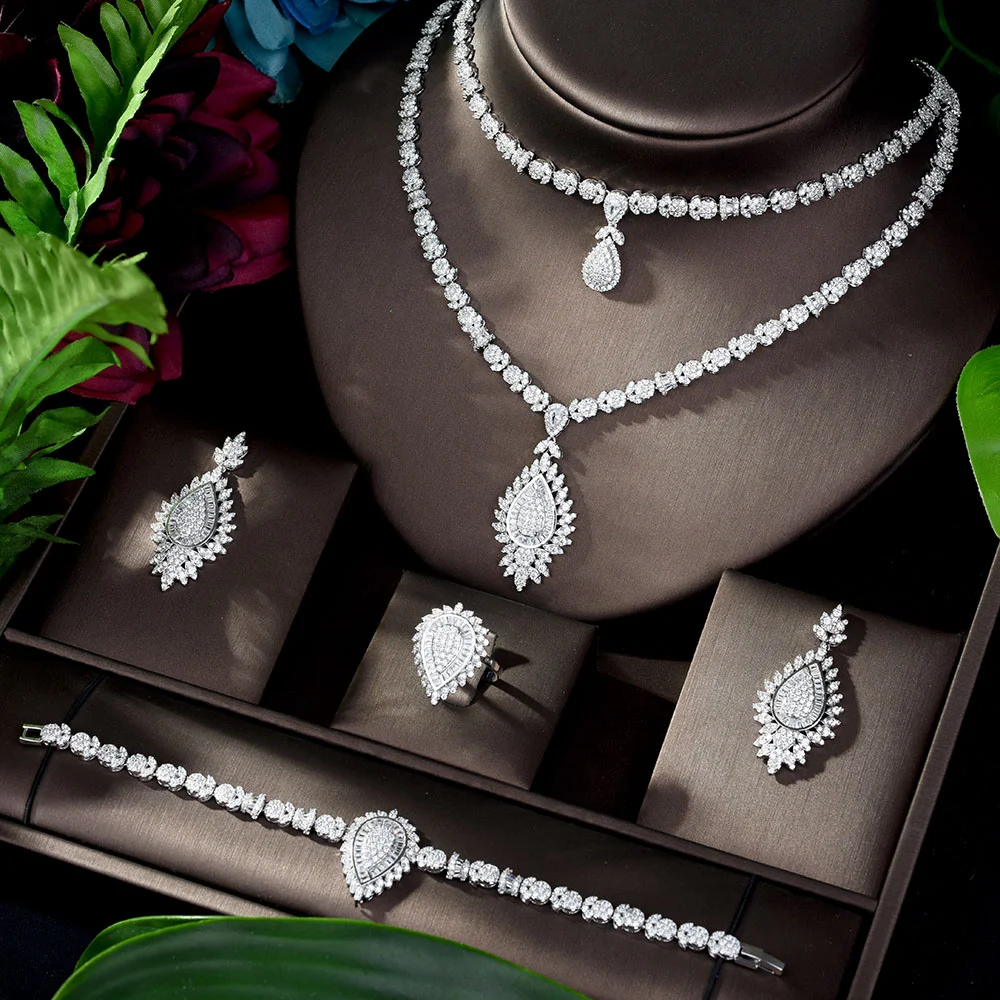 

Double layered white bride's wedding cubic zirconia jewelry set necklace and earring set