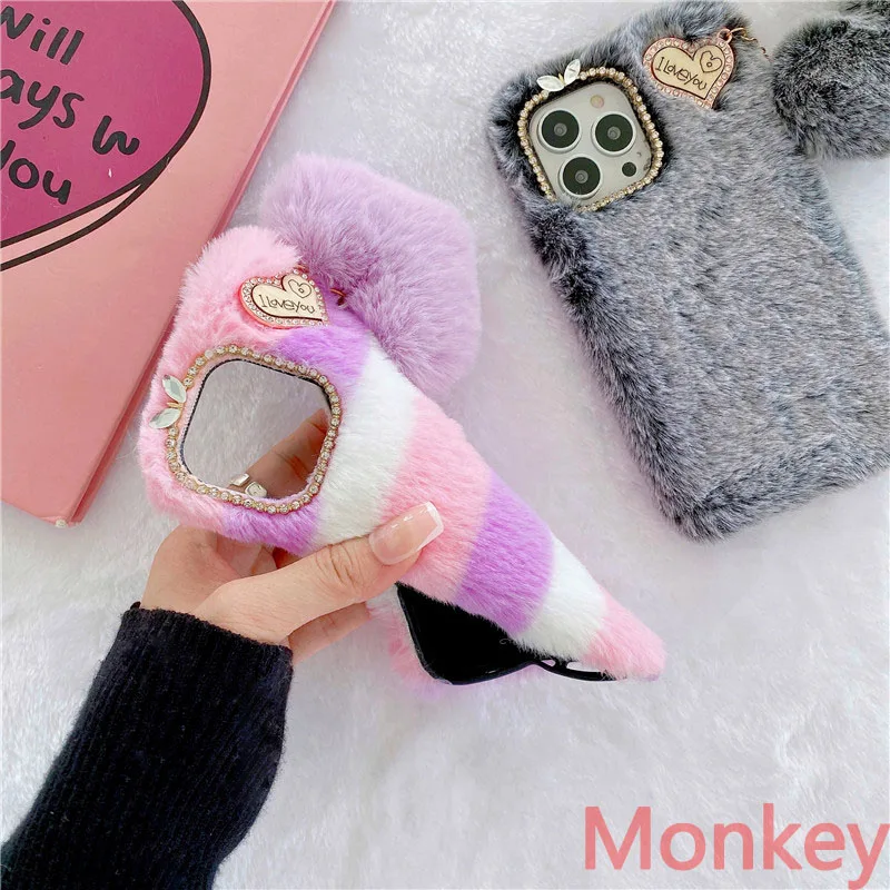 Custodia Peluche Per Oppo A17 A Forma Di Coniglio, Morbida E Gonfia Con Orecchie 3D E Strass, Cover Protettiva Con Supporto Per Ragazze - Grigia - 3