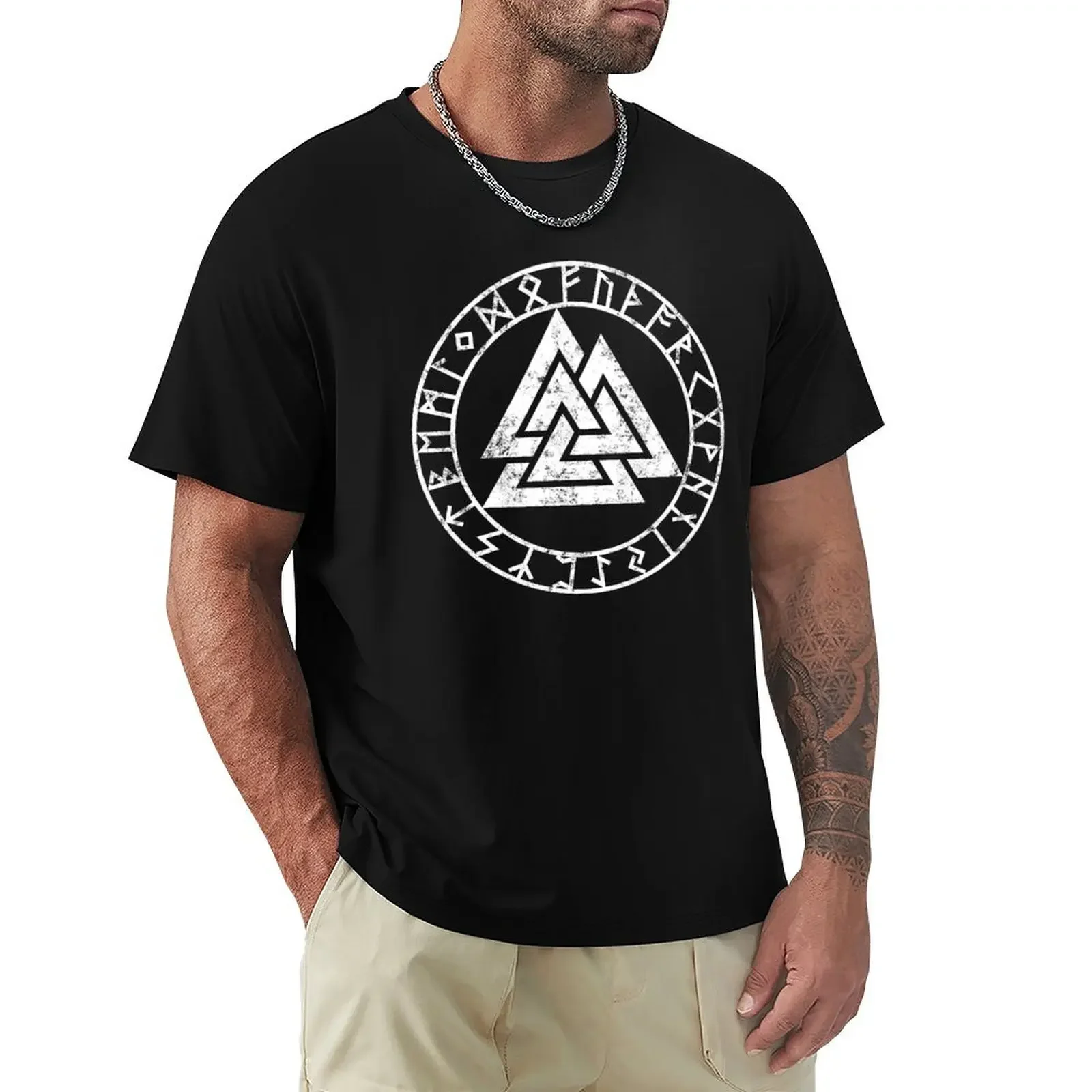 

Valknut Symbol with Elder Futhark Distressed T-shirt oversized sweat big and tall t shirts for men