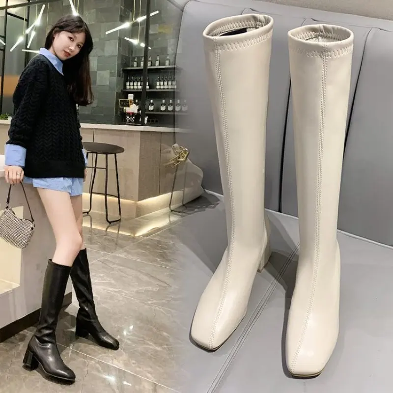 2024 New Knee-High Boots for Women Shoe Square Toe Back Zipper Buckle Thick Heel High Long Modern Knight Boots