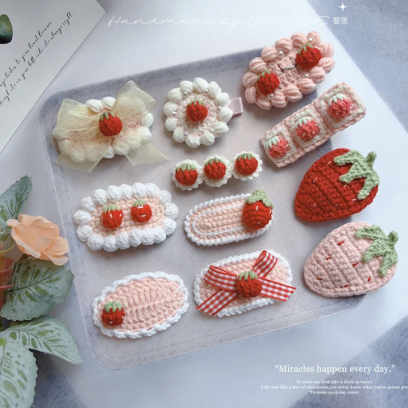 1 Pcs Handmade Wool Knitting Strawberry Vintage  Hairpin Children Crochet Hair Accessories Girl Trim Clip Sakura Pink 6