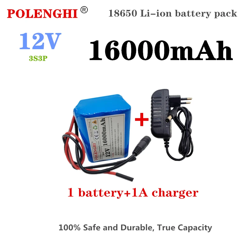 

POLENGHI 100% true capacity 3S3P battery pack 18650 lithium-ion 12V 16000mAh rechargeable battery with BMS+DC12.6V charger