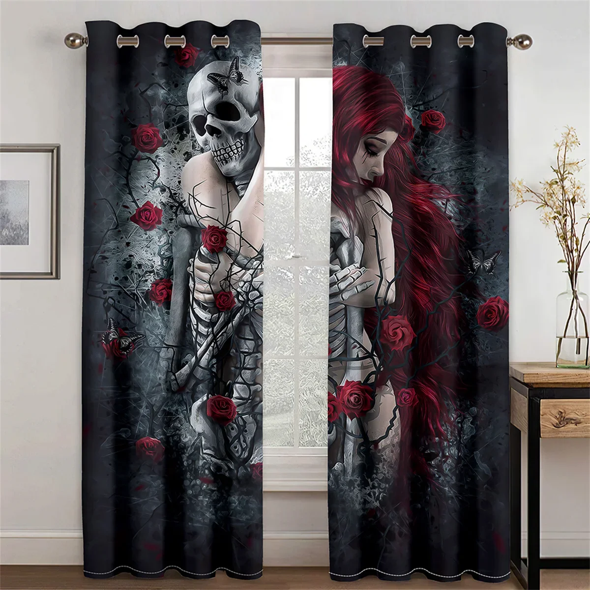 

Black Cheap Flower Skull Skeleto Couple Love Two Drape Thin Window Curtains for Living Room Bedroom Decor 2 Pieces Free Shipping