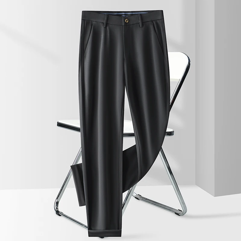 Men's Clothing Button High Waist Pockets Solid Suit Weatpants Straight Leg Trousers Casual Spring Autumn Vintage Long Pants