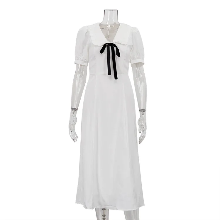 Ruffled White Elegant Long Dress Women's V-Neck Lace-Up Short Sleeve High Waist Patchwork Party Dress Ladies Maxi Dress